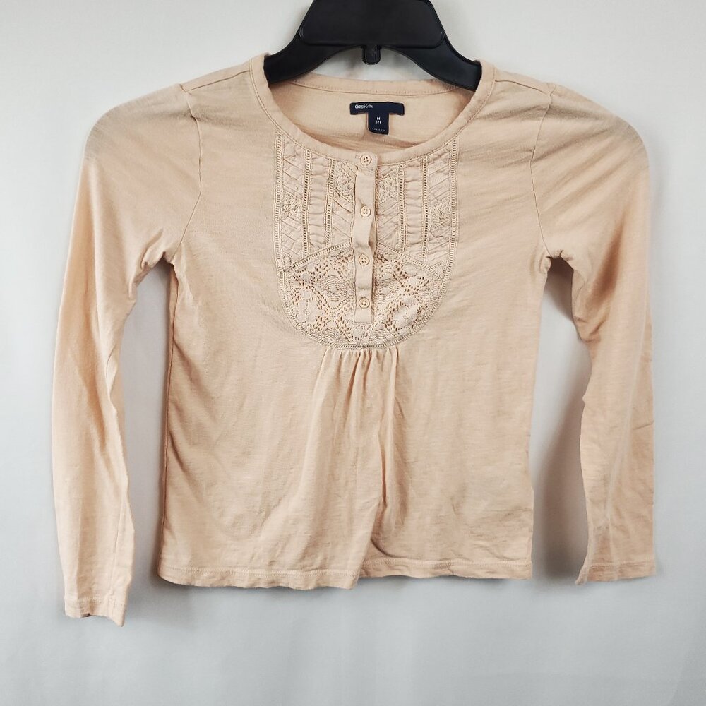 Gap Kids Girls M 8 Lng Slv Embroidered 1/2 Button Front Top Peach/Light Pink